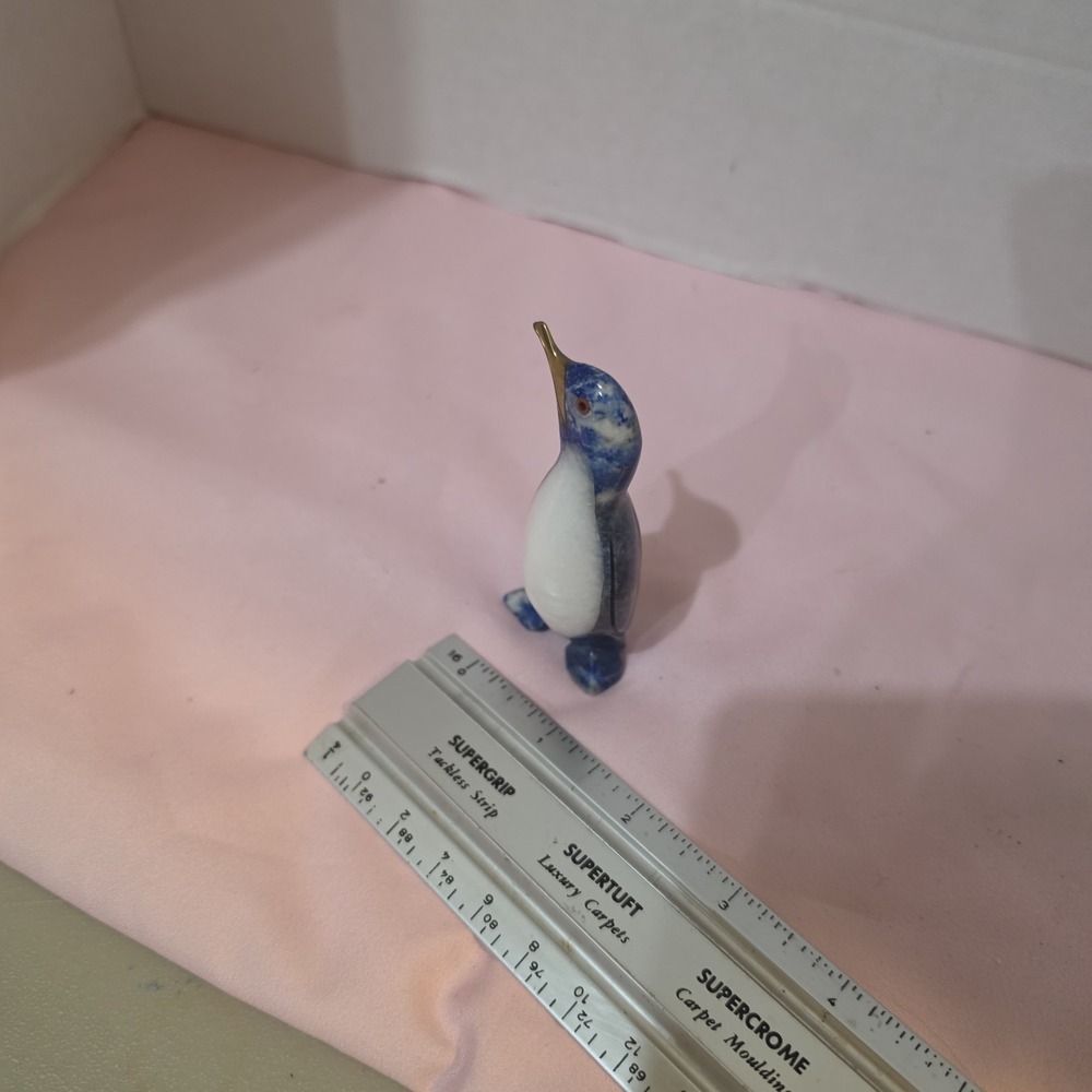 Carved Lapis Lazuli Penguin Figurine with White Onyx Belly and Brass Beak 2.1" - Picture 3 of 9